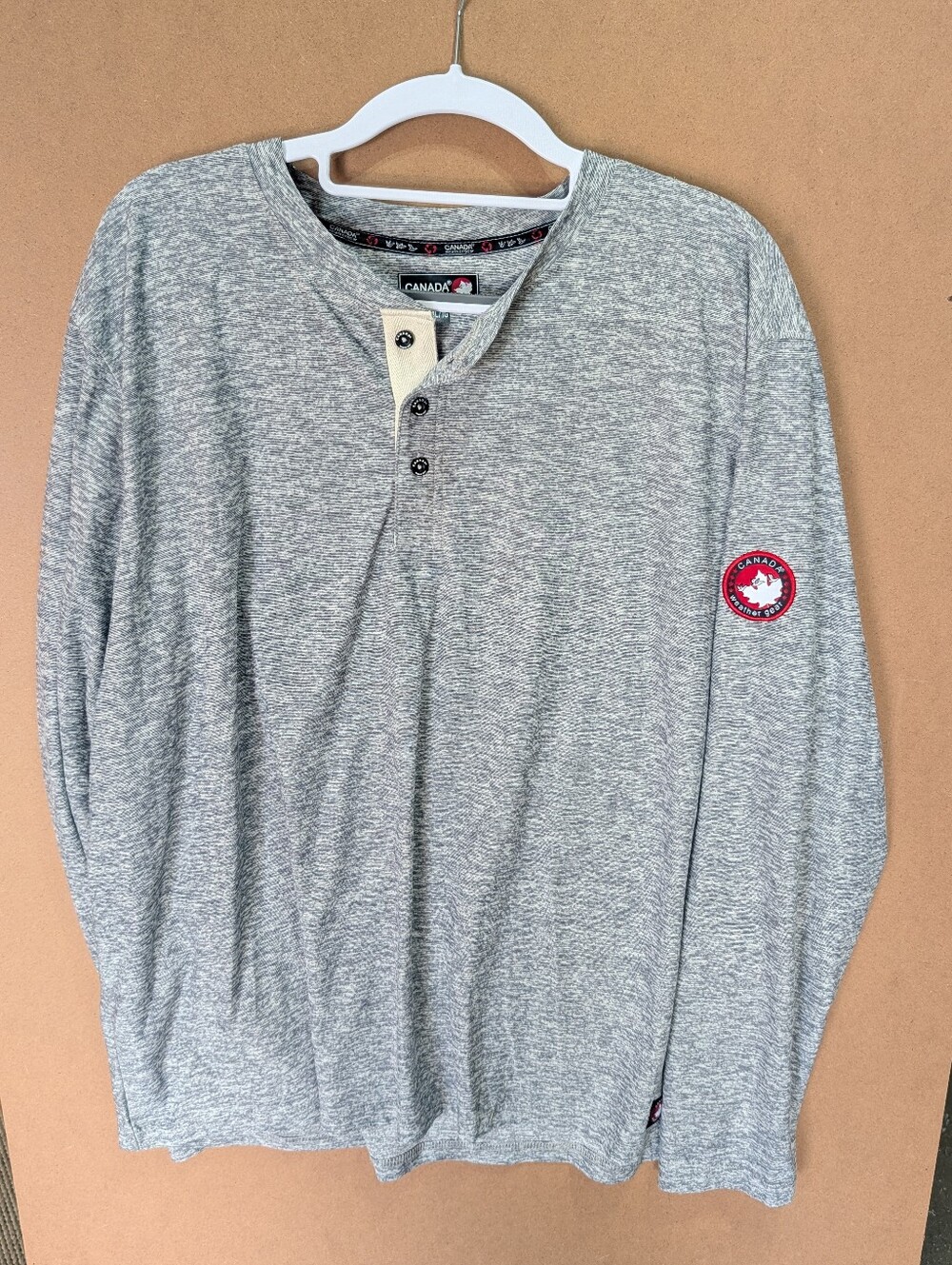 Heather Gray Long-Sleeve Henley with Sleeve Patch